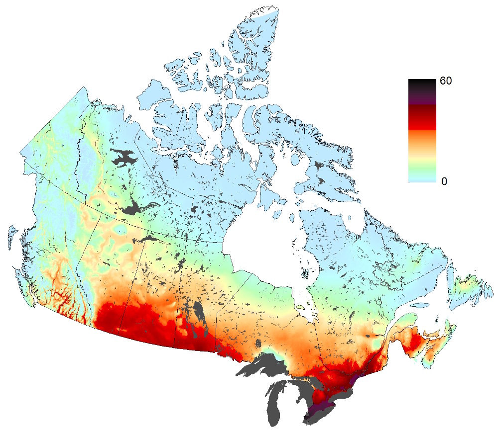 Map showing change in annual number of very hot days in Canada, 2051-2080, under High Carbon scenario