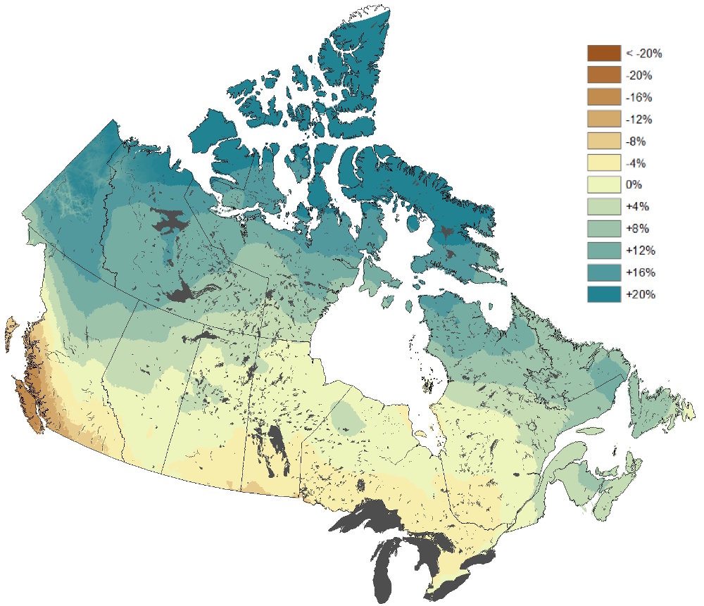 Map showing change in average summer precipitation in Canada, 2051-2080, under High Carbon scenario